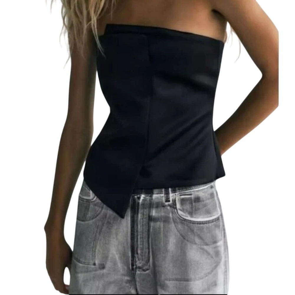 Zara Black Satin Asymmetrical Strapless Tube Top Corset Style Small NWT